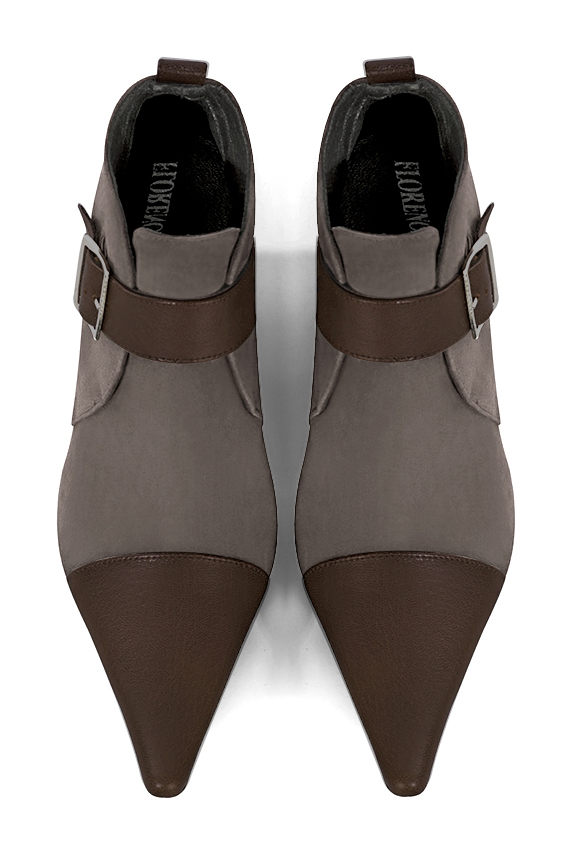 Women's dark brown and taupe brown elegant ankle boots, with buckles at the front. Pointed toe. Medium comma heels - Top view